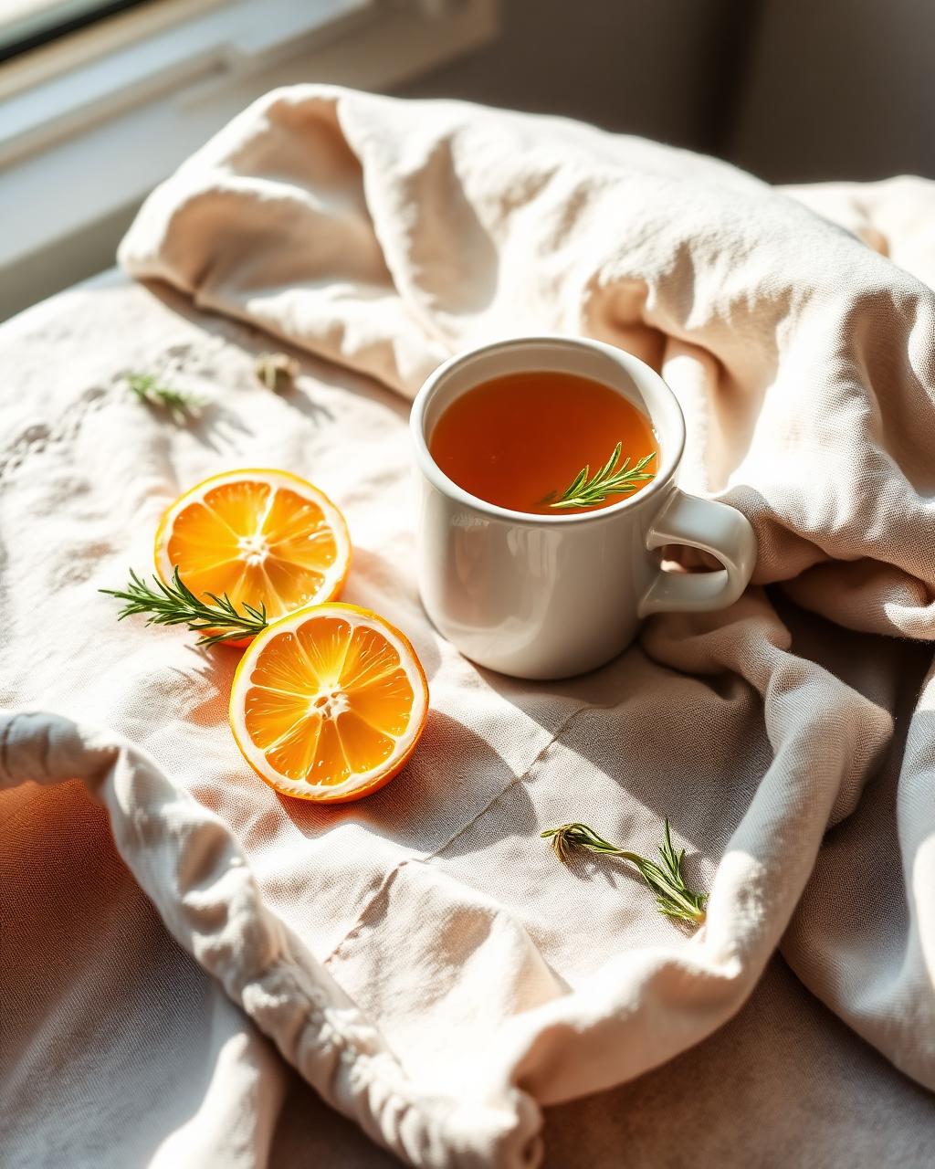 Bone broth, citrus, and a folded blanket in warm light